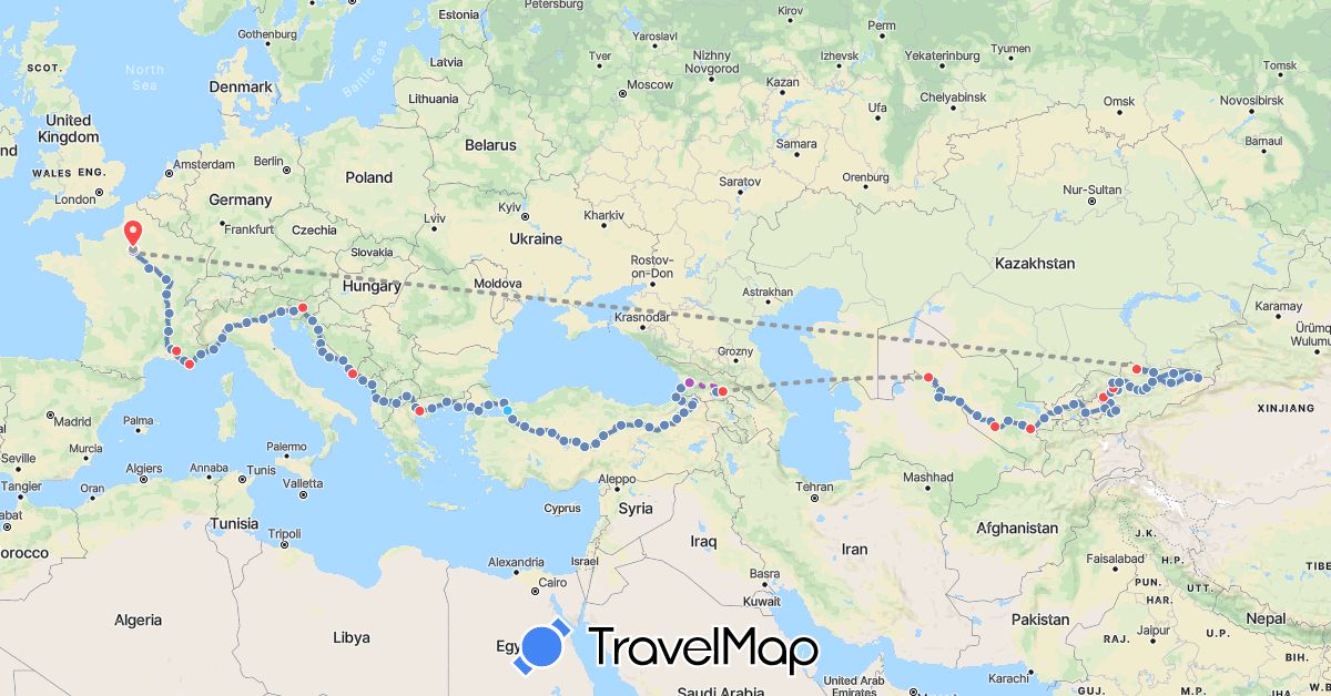 TravelMap itinerary: driving, plane, cycling, train, hiking, boat, vélo et auto-stop in Albania, Bosnia and Herzegovina, France, Georgia, Greece, Croatia, Italy, Kyrgyzstan, Montenegro, Macedonia, Slovenia, Turkey, Tuvalu, Uzbekistan (Asia, Europe, Oceania)