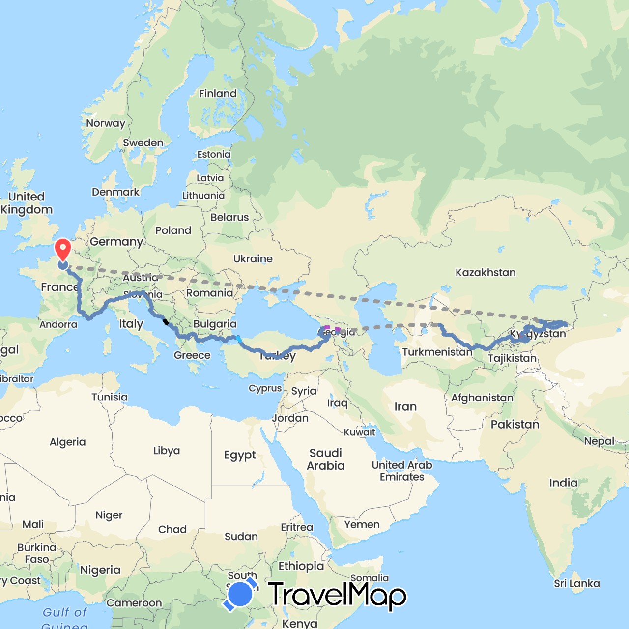 TravelMap itinerary: driving, plane, cycling, train, hiking, boat, vélo et auto-stop in Albania, Bosnia and Herzegovina, France, Georgia, Greece, Croatia, Italy, Kyrgyzstan, Montenegro, Macedonia, Slovenia, Turkey, Tuvalu, Uzbekistan (Asia, Europe, Oceania)
